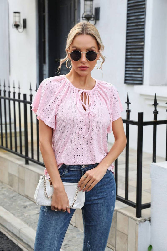 CWTBLS0407_Round Neck Short Sleeve Casual Knit Top