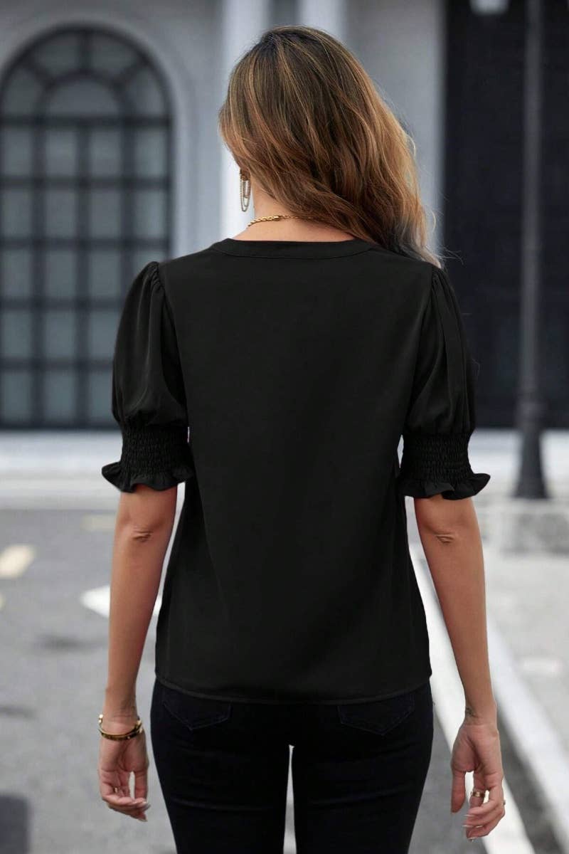 CWTSTS0461_SUMMER V-NECK SOLID COLOR SHORT-SLEEVED SHIRT TOP