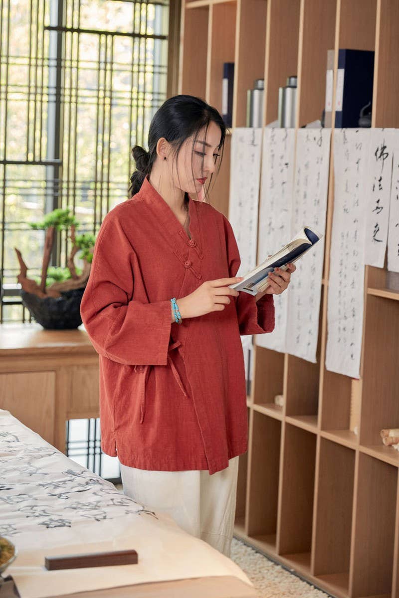 CWOCO0906_RAMIE STAND COLLAR TIE RETRO SHORT CARDIGAN COATS