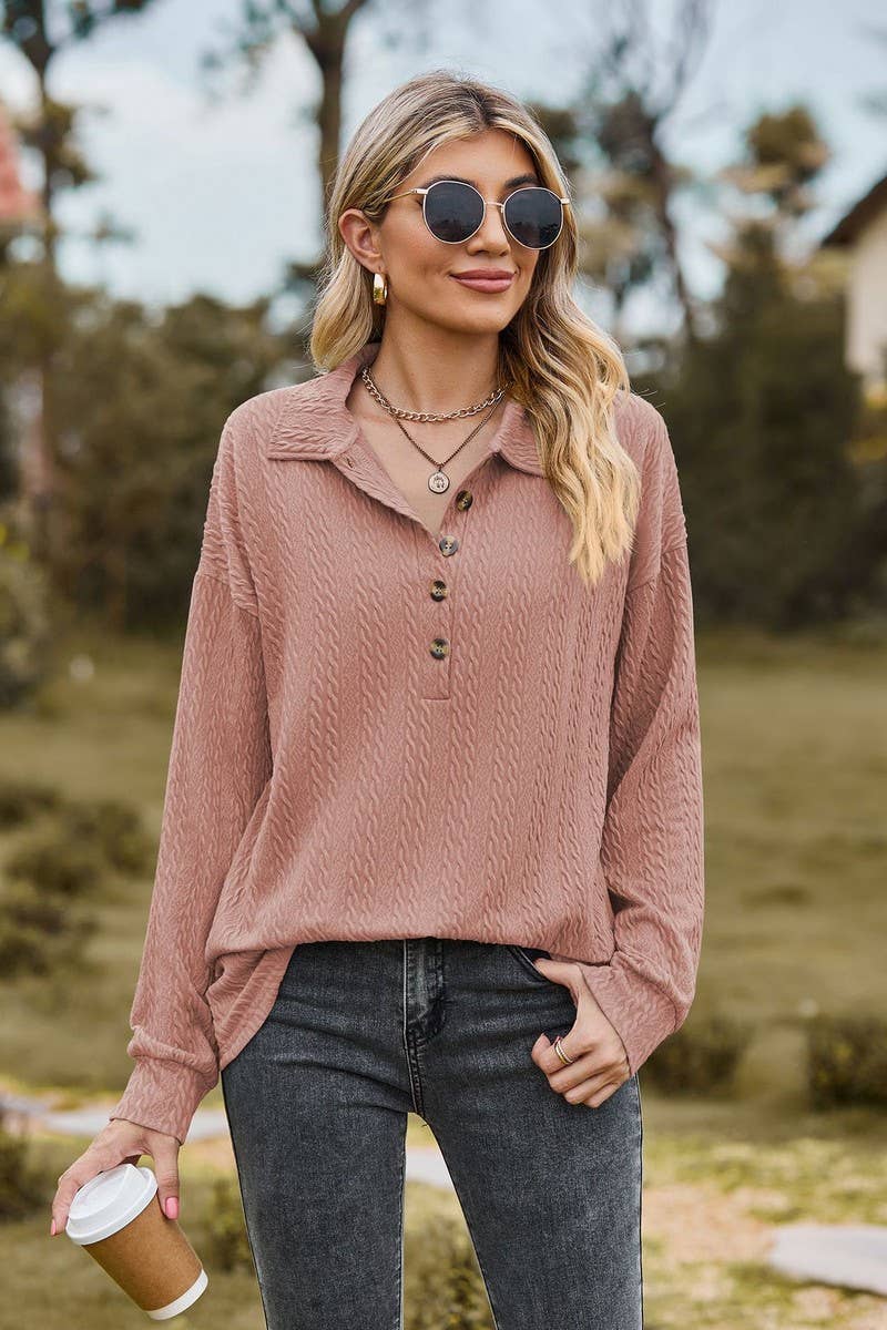 CWTBLL2415_SOLID COLOR LAPEL BUTTON LOOSE LONG SLEEVE TOP