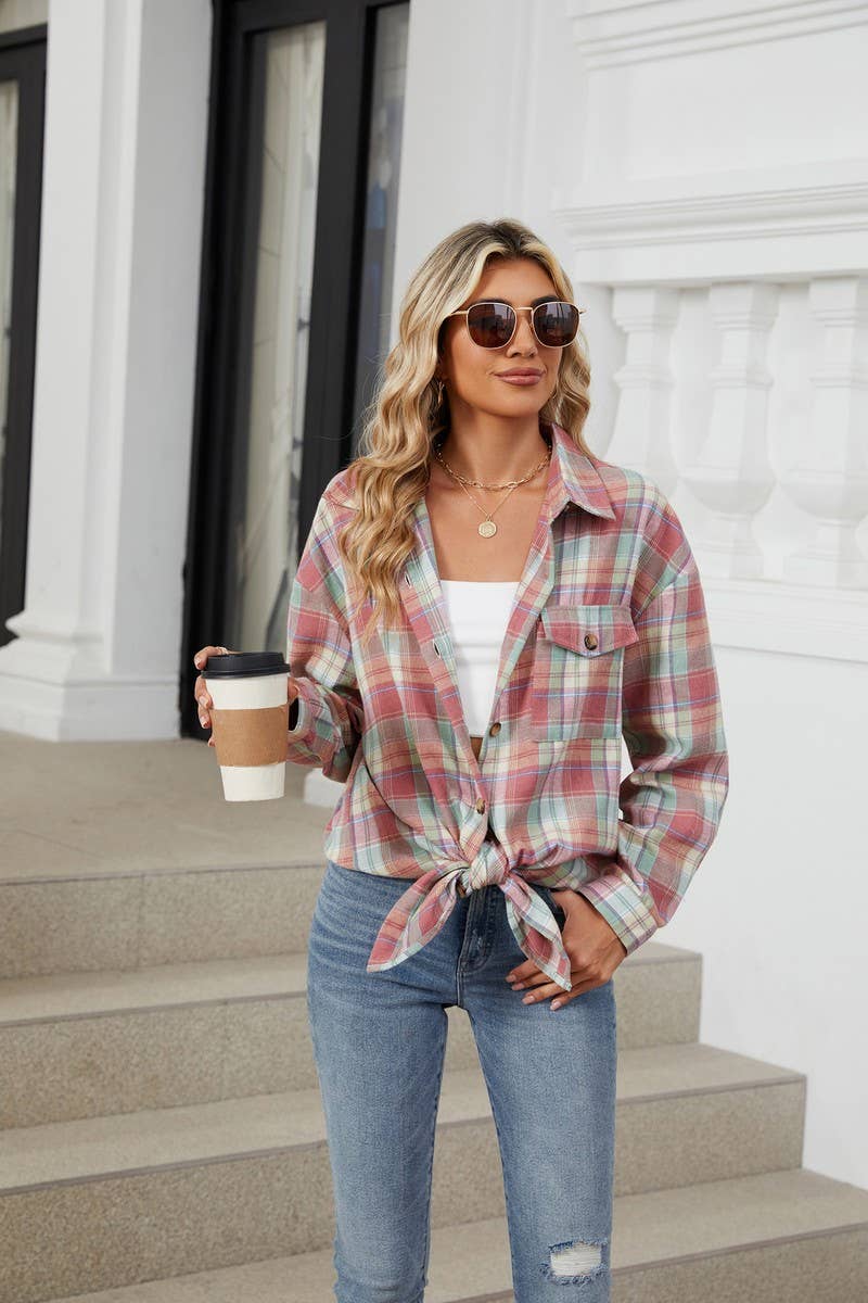 CWTBLL3745_AUTUMN AND WINTER STRIPED PLAID BUTTON-DOWN SHIRT