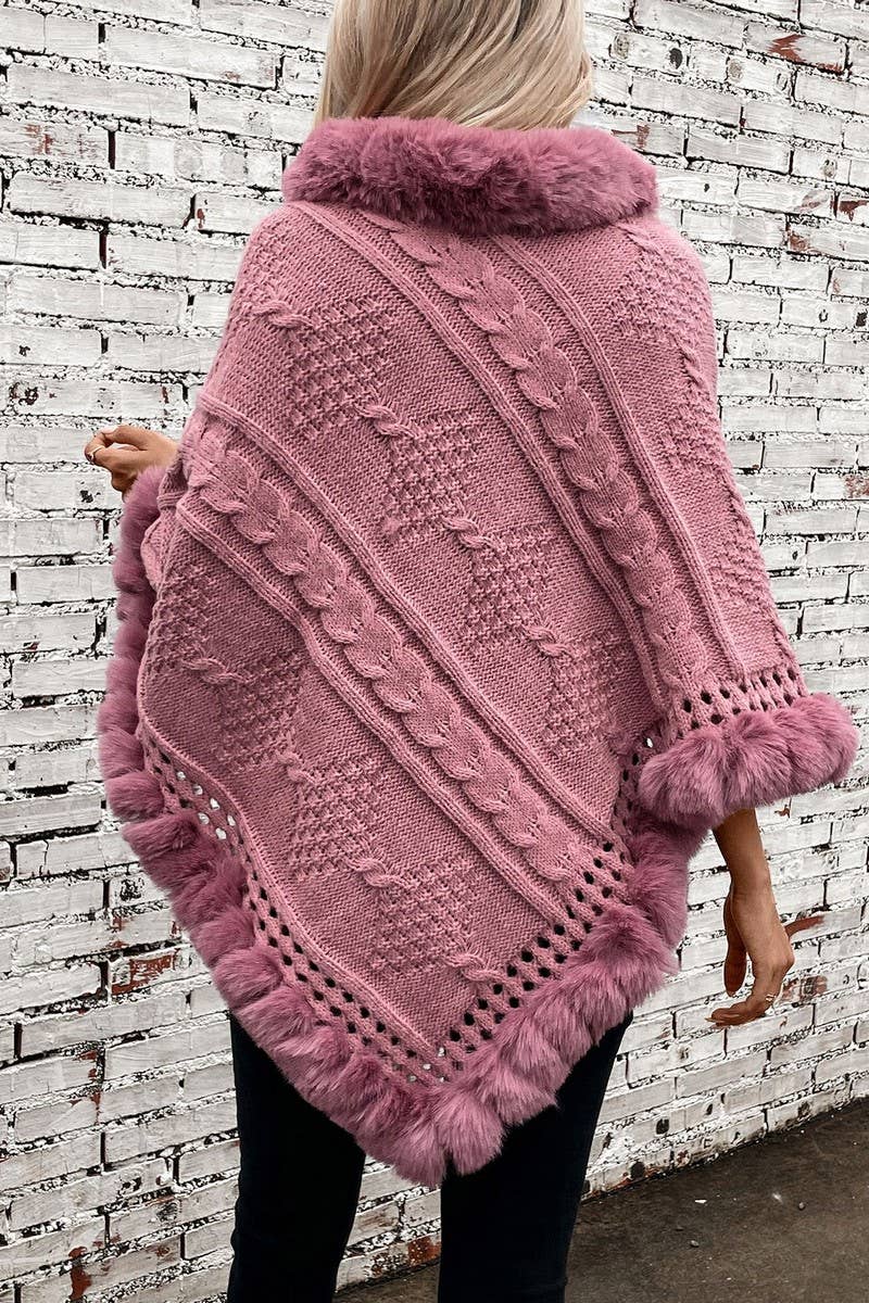 CWOSWS0093_FAUX RABBIT FUR COLLAR CABLE SWEATER CAPE COAT