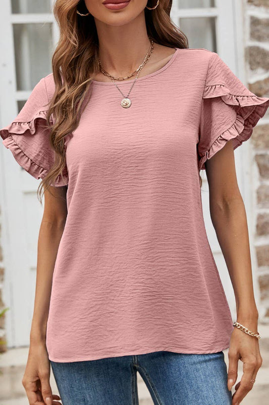 CWTBLS0352_Round neck Short Ruffle Sleeve Blouse