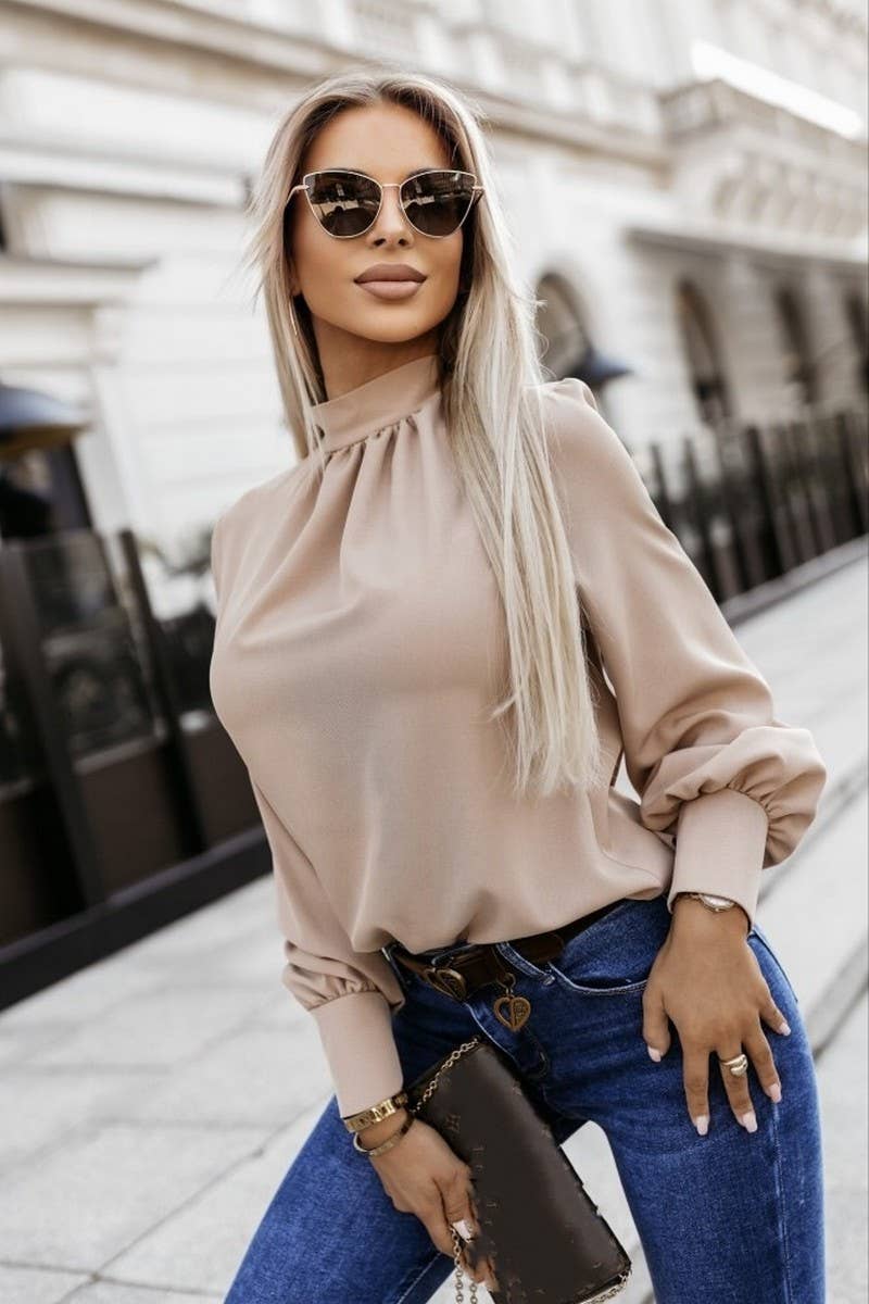 CWTBLL536_SOLID COLOR LOOSE TEMPERAMENT HIGH COLLAR SHIRT