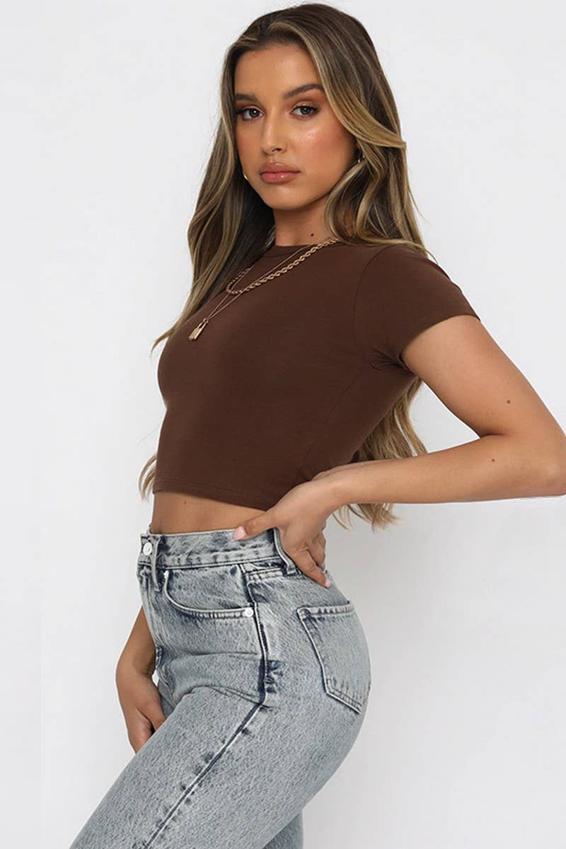 CWTTS1346_SOLID COLOR ROUND NECK SHORT BELLY EXPOSED TOP