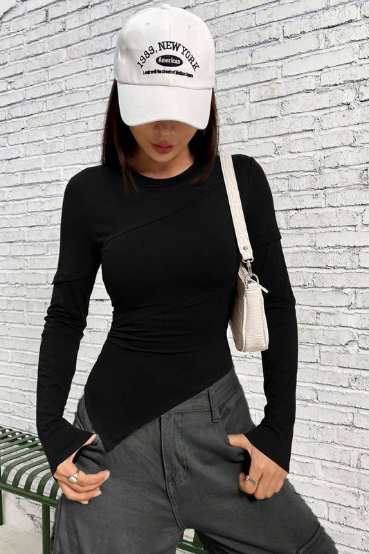 CWTBLL2725_ASYMMETRIC CREW NECK SOLID COLOR KNIT TOP