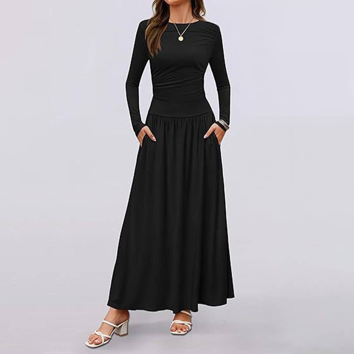 CREW NECK PLEATED POCKET SLIM LONG-SLEEVE DRESS