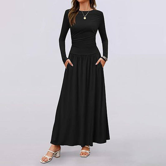CREW NECK PLEATED POCKET SLIM LONG-SLEEVE DRESS