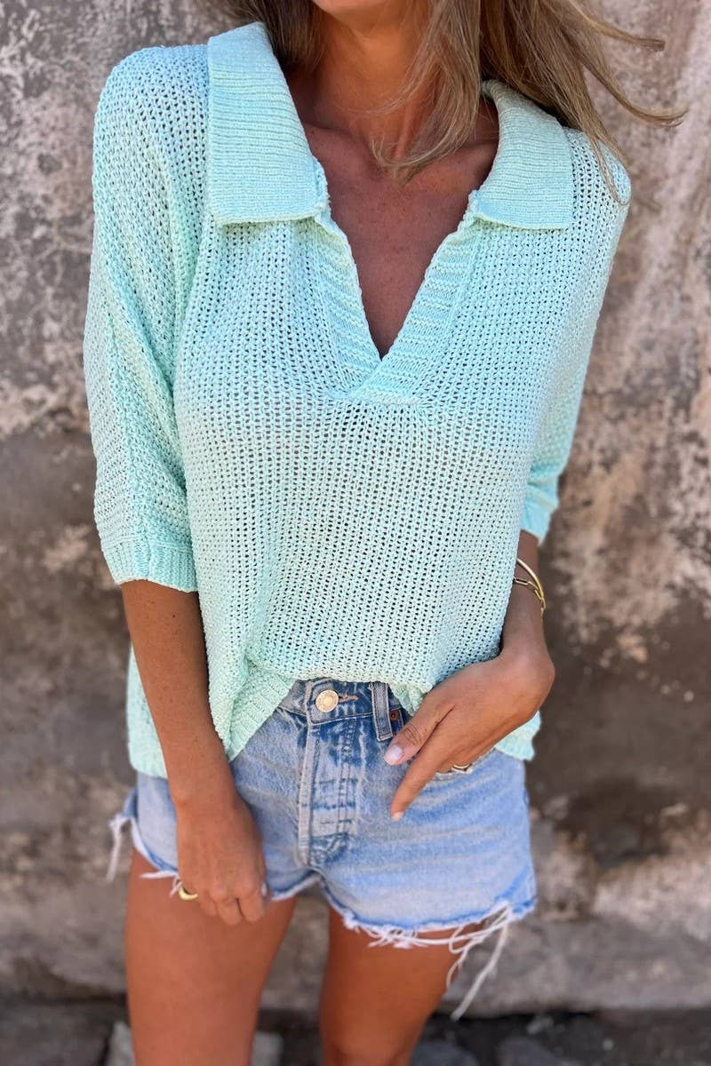 CWTBLL3943_SOLID V-NECK COLLAR KNIT BASIC TOP