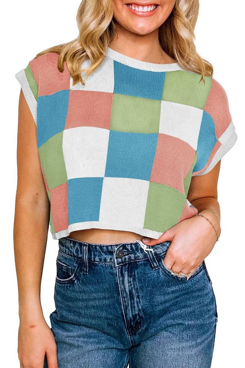CWTTS1362_SUMMER NAVEL CHECKERBOARD SHORT SLEEVE KNIT TOP