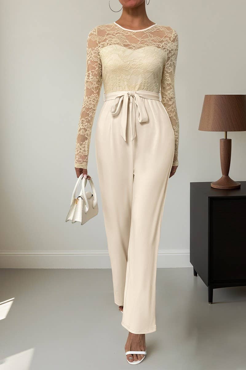 CWSJS00276_LACE PATCHWORK ZIP TIE SOLID LOOSE JUMPSUIT