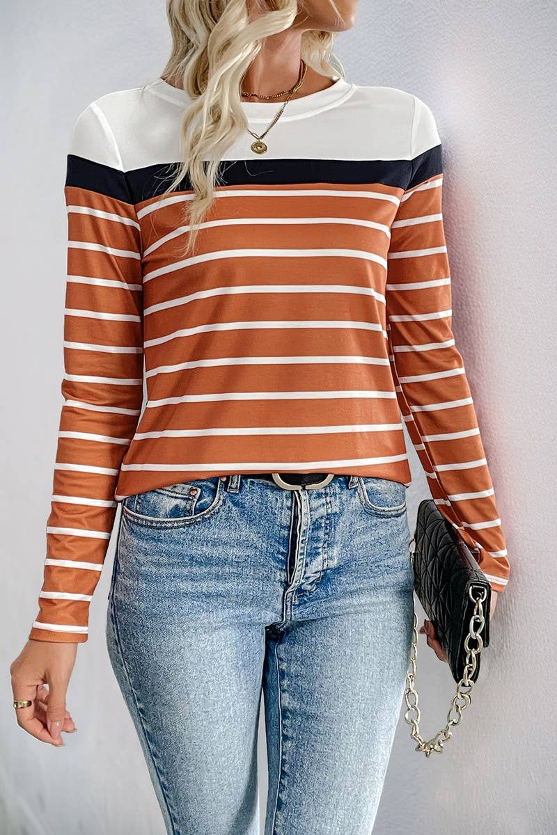 CWTBLL4034_CASUAL CREW NECK STRIPED LONG SLEEVE TOP