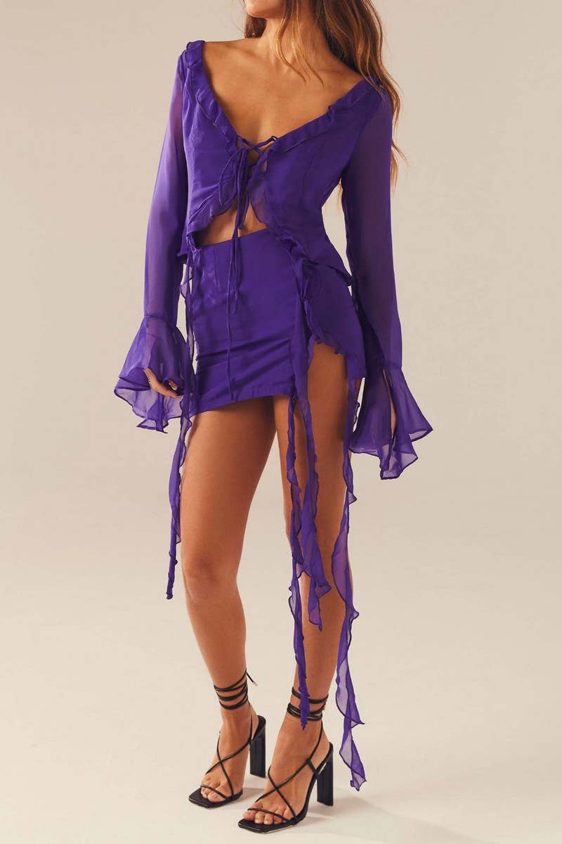 CWSTB2031_RUFFLE FRINGE LONG SLEEVE BODYCON SKIRT SET