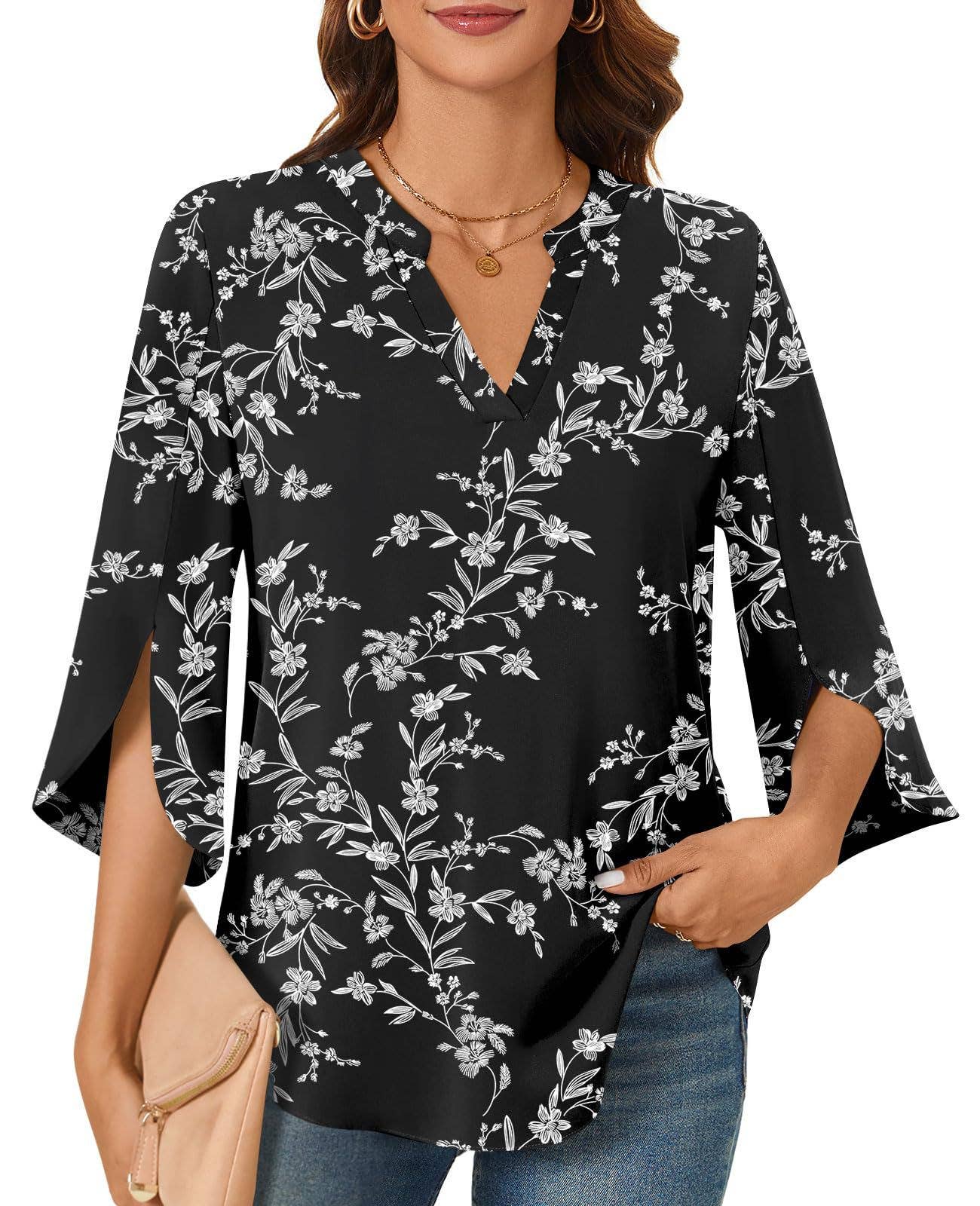 CASUAL LOOSE V-NECK MID-SLEEVE T-SHIRT