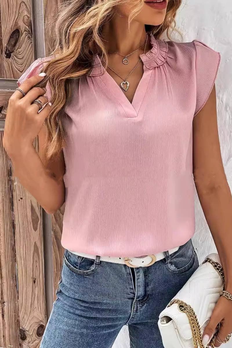 CWTBLSL0247_V-NECK RUFFLED SLEEVELESS TOP FOR WOMEN