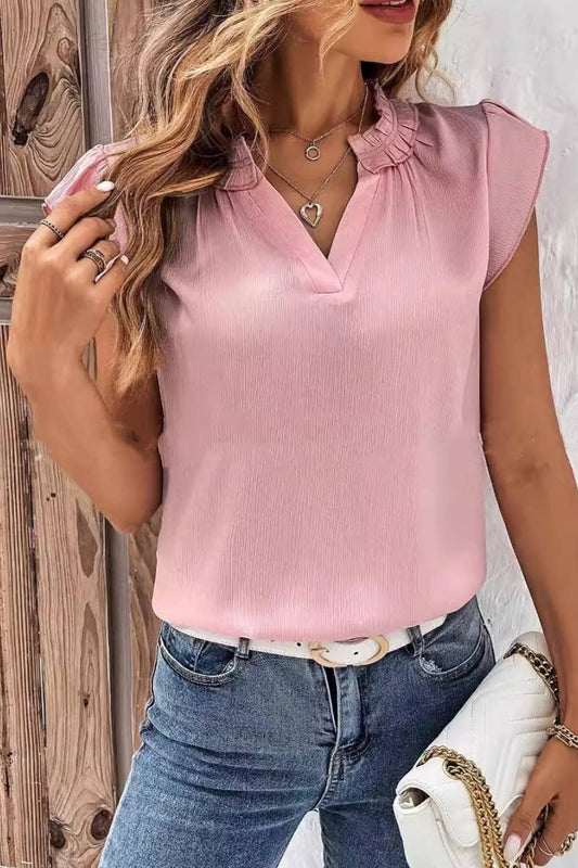 CWTBLSL0247_V-NECK RUFFLED SLEEVELESS TOP FOR WOMEN