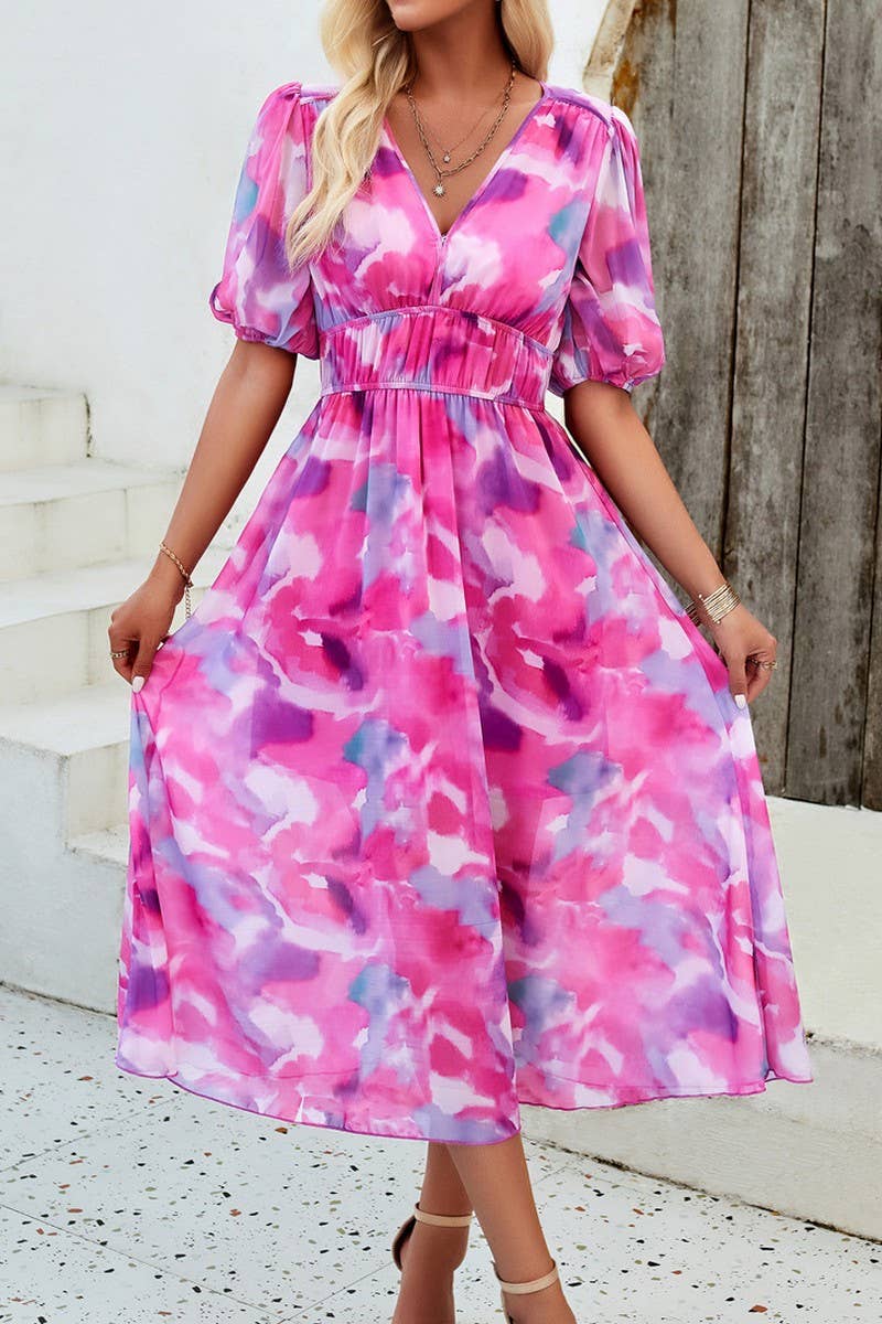 CWDMD0995_Deep V-Neck Short Sleeve Floral Print Midi Dresses