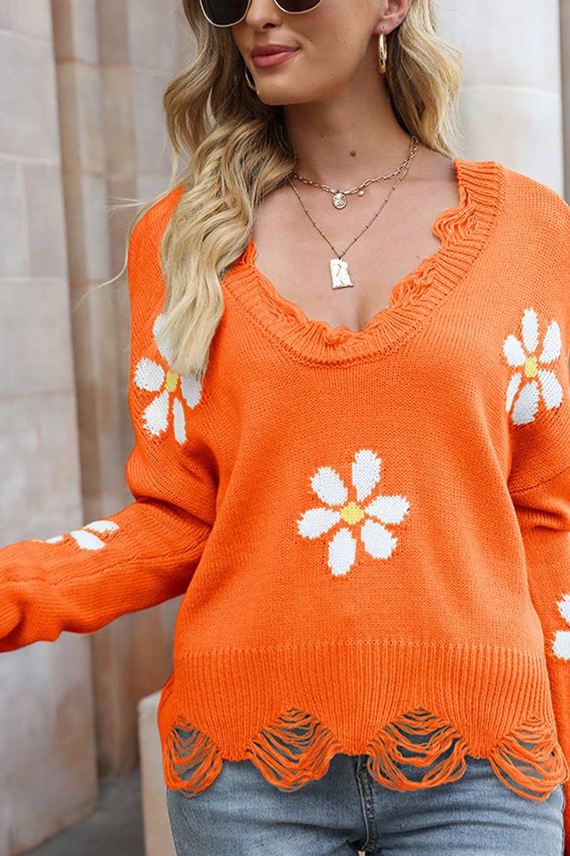 CWOSWL2667_RIPPED SMALL FLOWER V-NECK PULLOVER SWEATER