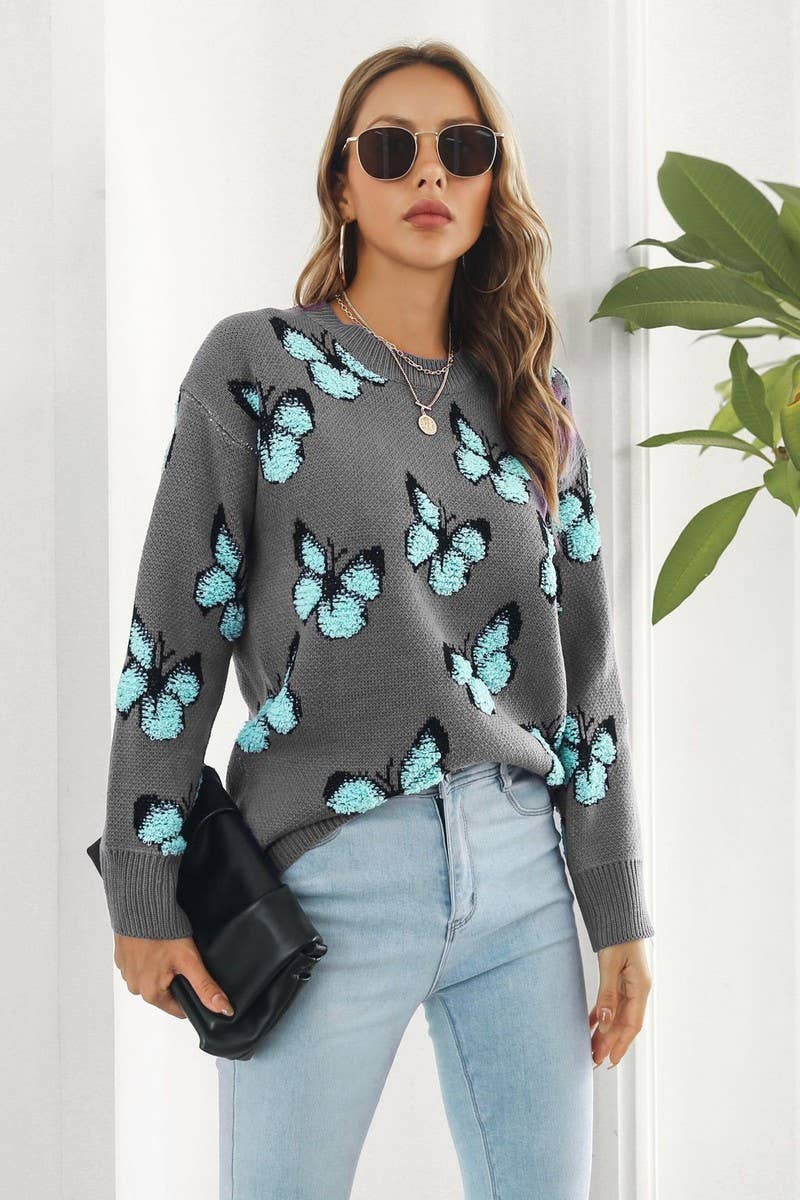 CWOSWL3964_3D BUTTERFLY JACQUARD CREWNECK KNITTED SWEATER