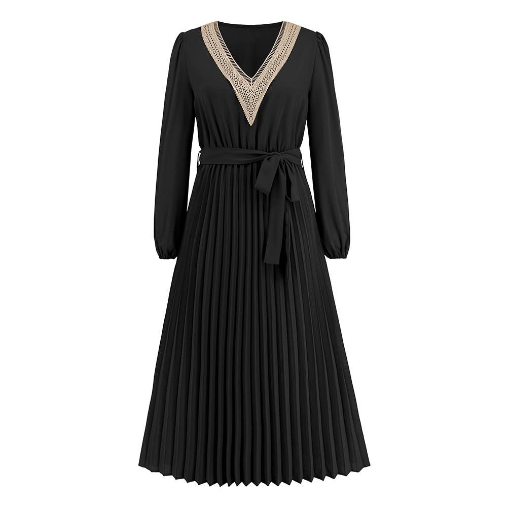 Form-fitting elegant V-neck lace pleated dress