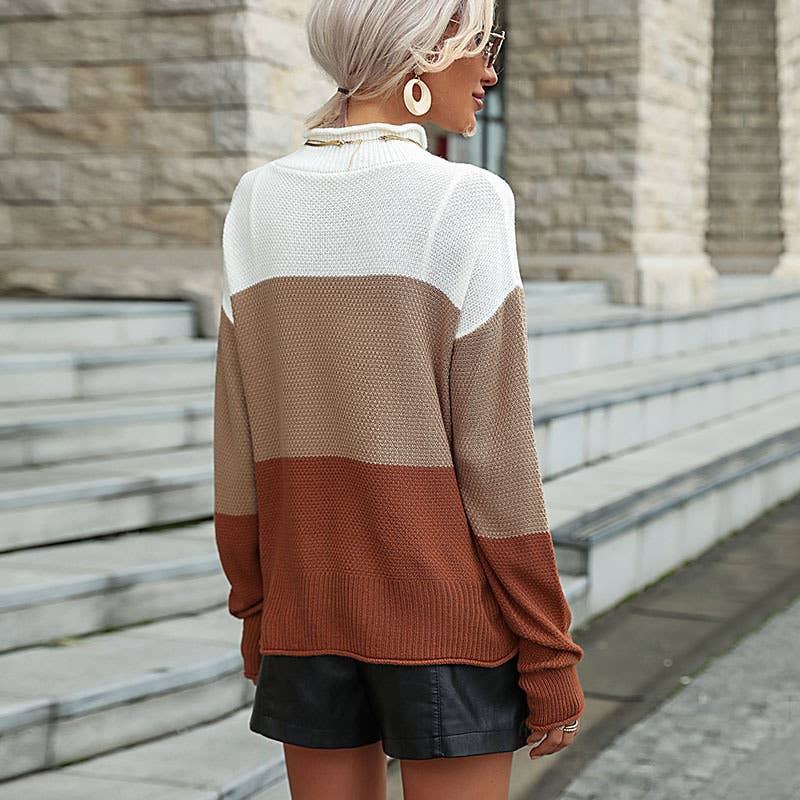 COLOR CONTRAST PATCHWORK HALF-TURTLENECK SWEATER