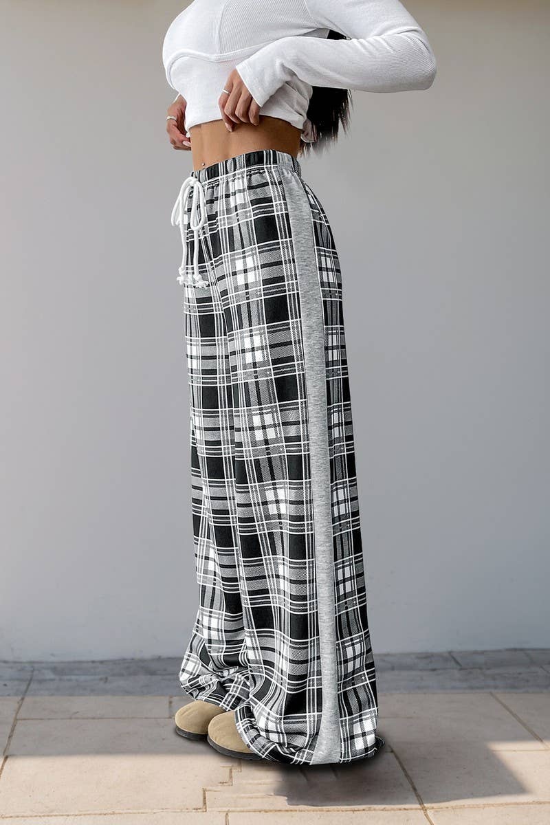 CWBLP2147_CHECKERED ELASTIC WAIST WIDE LEG PANTS