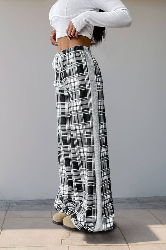 CWBLP2147_CHECKERED ELASTIC WAIST WIDE LEG PANTS