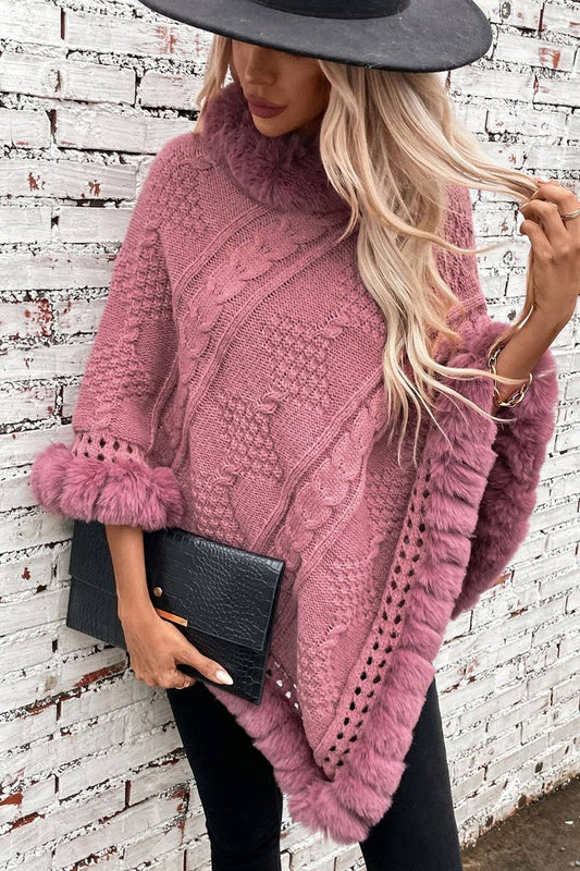 CWOSWS0093_FAUX RABBIT FUR COLLAR CABLE SWEATER CAPE COAT