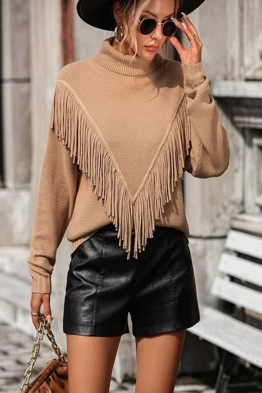 CWOSWL604 Turtle neck Fringe Tassel Pullover Sweater