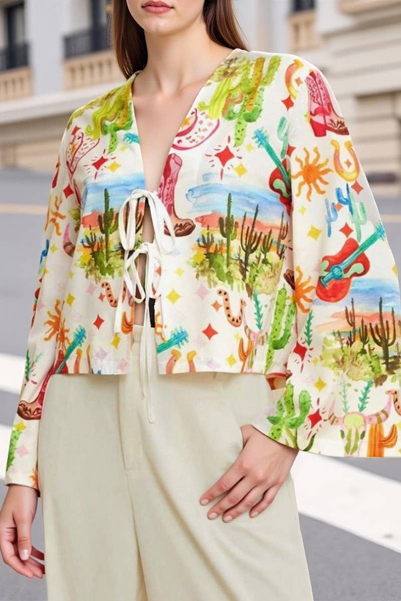 CWTBLL00632_V-NECK PRINTED TRUMPET SLEEVES HOLIDAY STYLE TOP