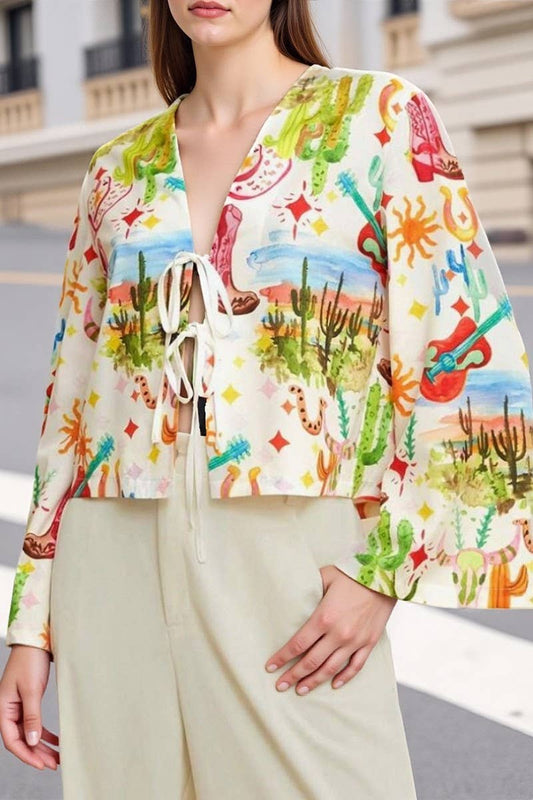 CWTBLL00632_V-NECK PRINTED TRUMPET SLEEVES HOLIDAY STYLE TOP