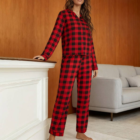 Checked long-sleeved shirt long pants pajama set