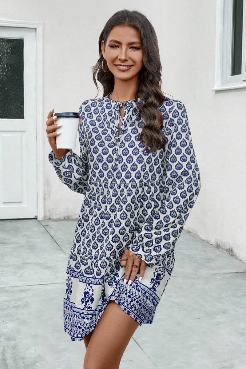 CWDSD4870_PRINTED LONG SLEEVE CREW NECK DRESS