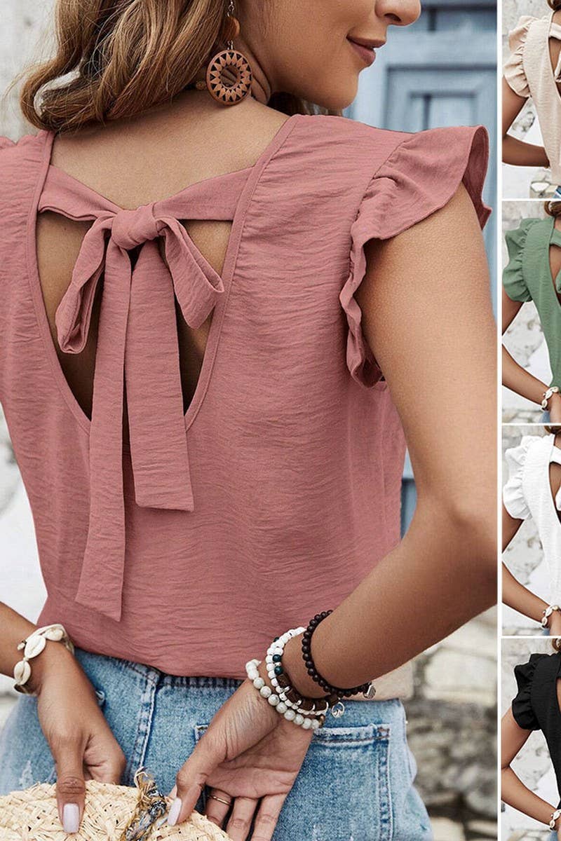 CWTBLSL0696_SOLID COLOR ROUND NECK RUFFLE BOW VEST TOP