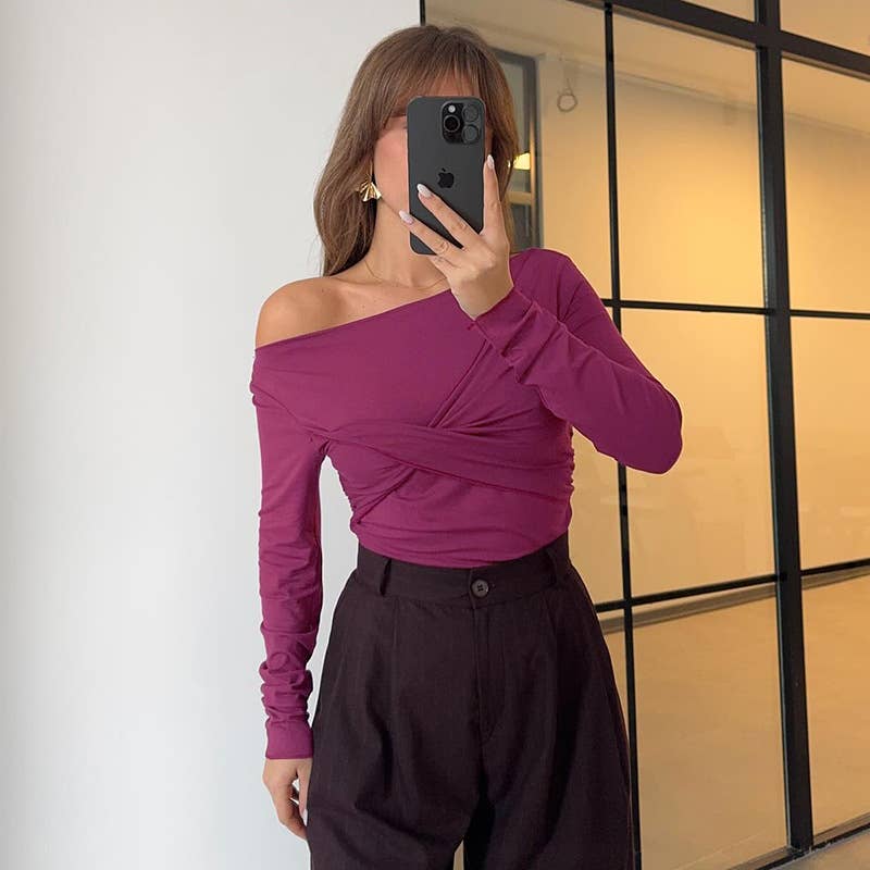 DIAGONAL NECK CROSS PLEATED SOLID COLOR TIGHT TOP