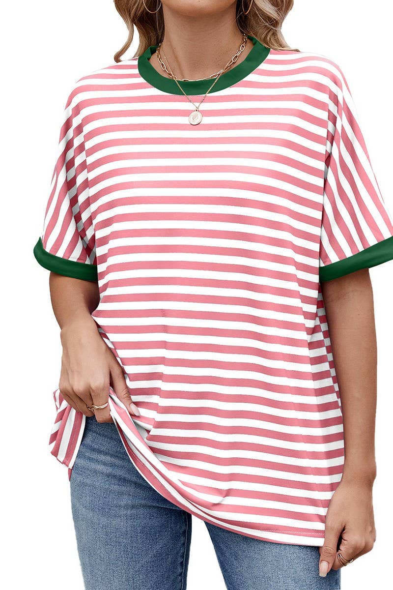 CWTTS1343_SUMMER STRIPED CONTRAST LOOSE SHORT SLEEVES
