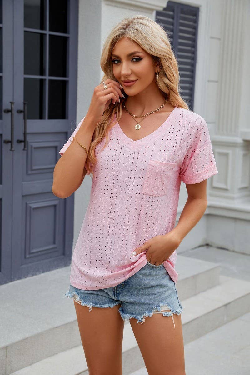 CWTTS0827_V-Neck Short Sleeve Knit Top