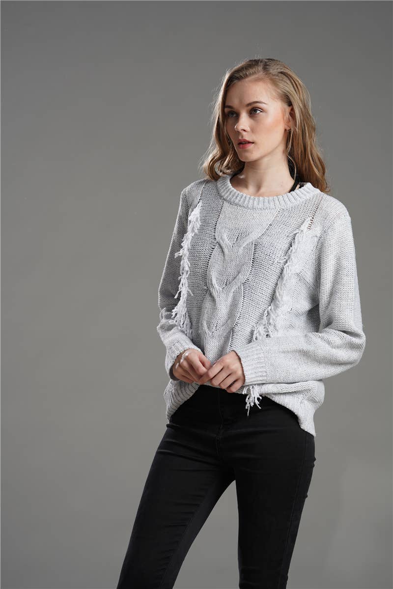 CREWNECK LONG SLEEVE PULLOVER SWEATER WITH FRINGE