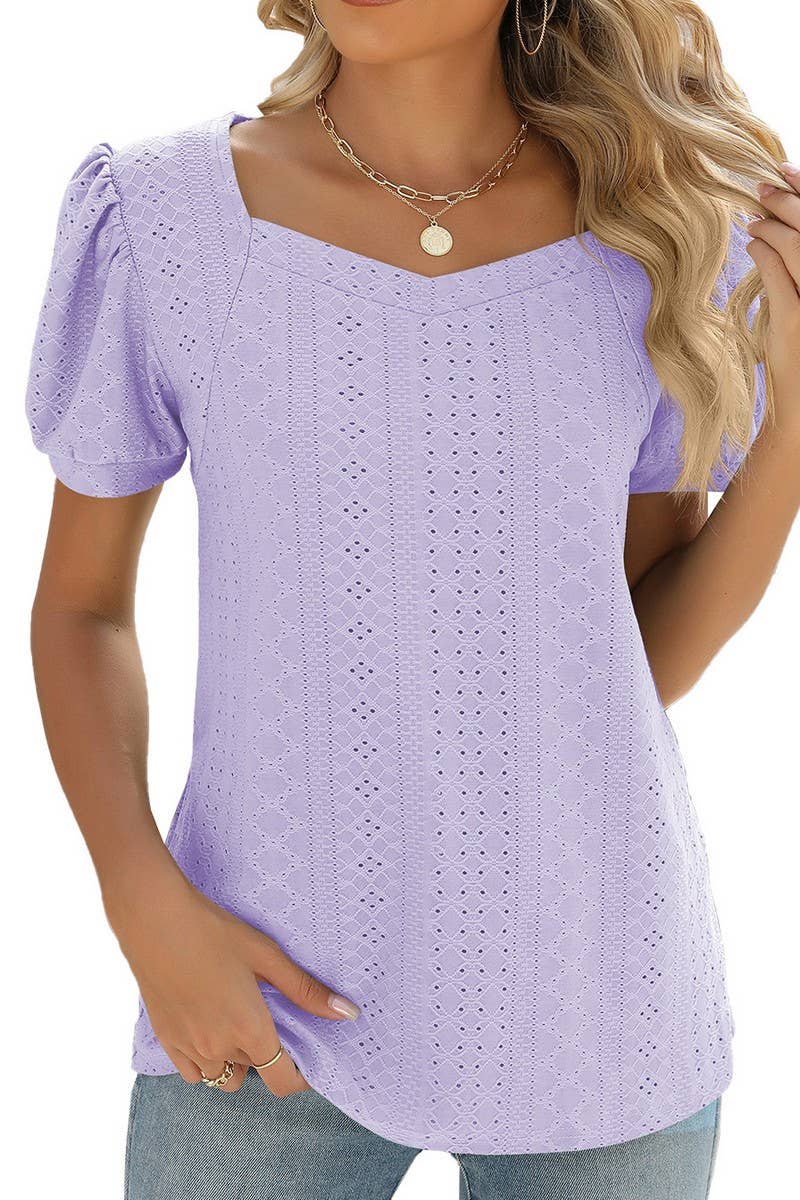 CWTBLS0877_SQUARE COLLAR SOLID COLOR SHORT-SLEEVED TOP