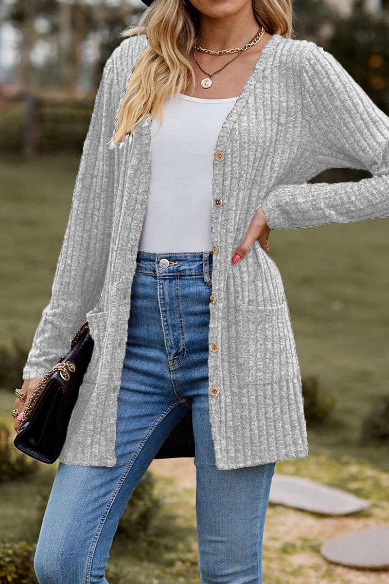 CWOCAL2286_BUTTON-UP BRUSHED RIBBED LONG SLEEVE CARDIGAN