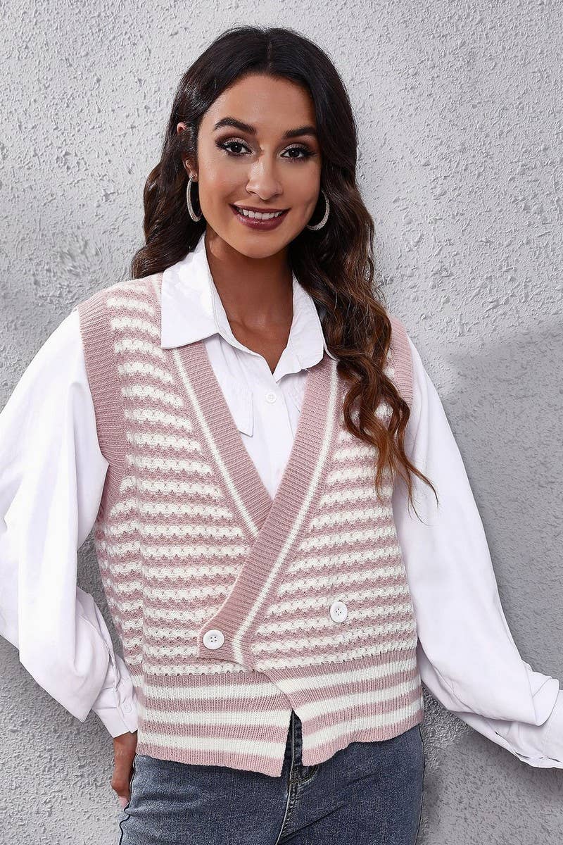 CWOV0488_STRIPED KNITTED CARDIGAN SWEATER VEST
