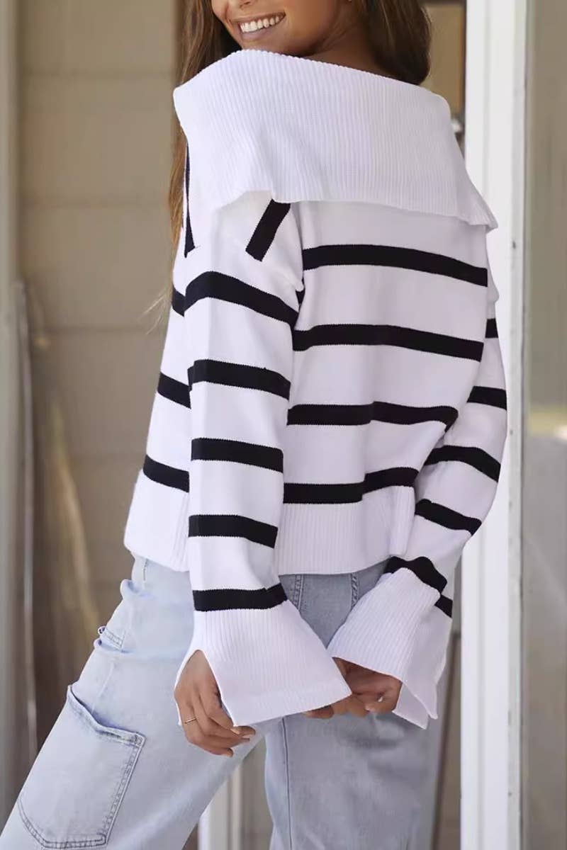 CWOSWL6686_LOOSE V-NECK STRIPED LONG-SLEEVED KNIT TOP