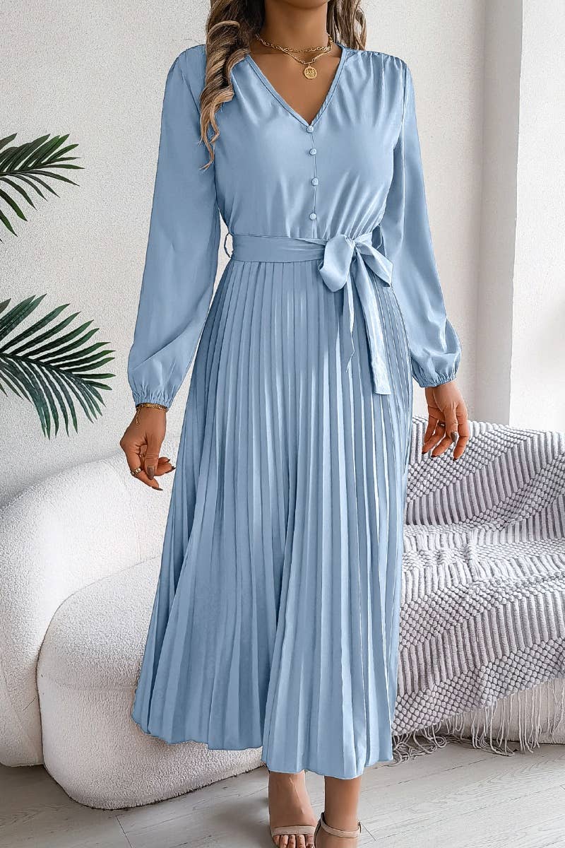 CWDMD3479_V-NECK LONG SLEEVE LACE-UP PLEATED DRESS LONG