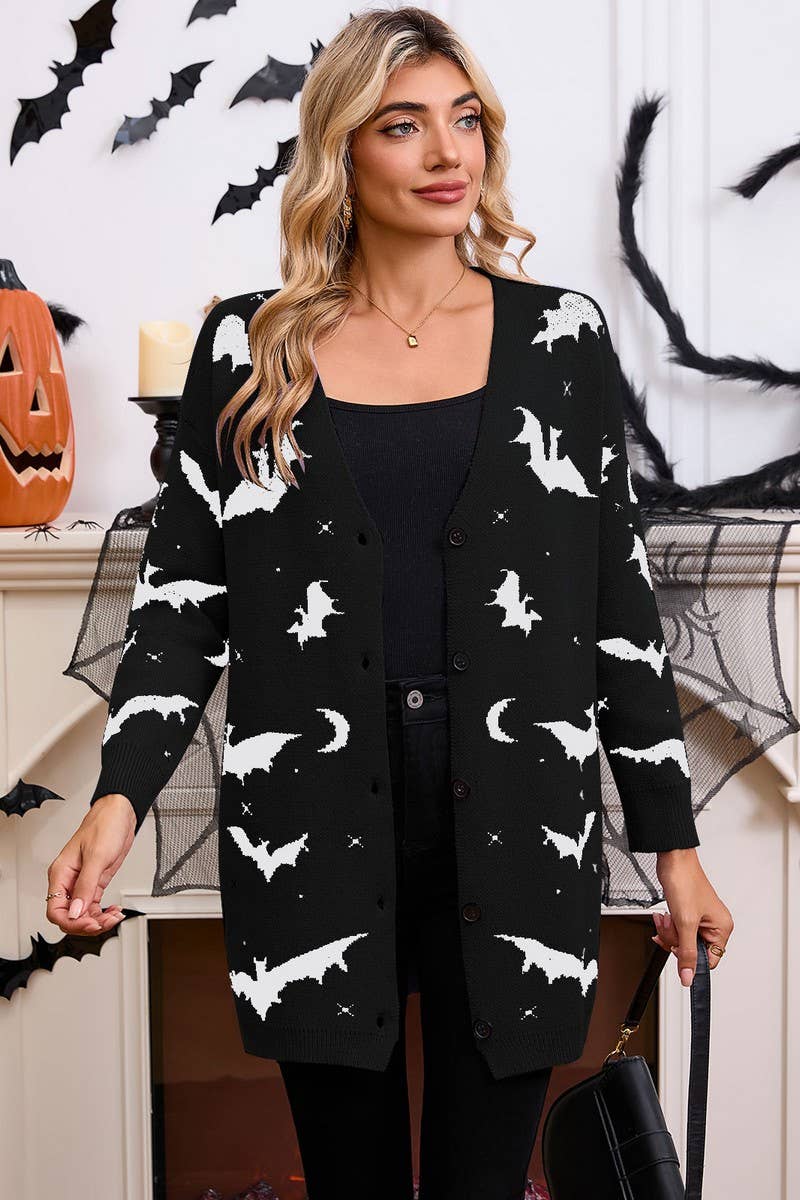 CWOCAL00697_HALLOWEEN BAT JACQUARD LONG SLEEVE CAPE CARDIGAN