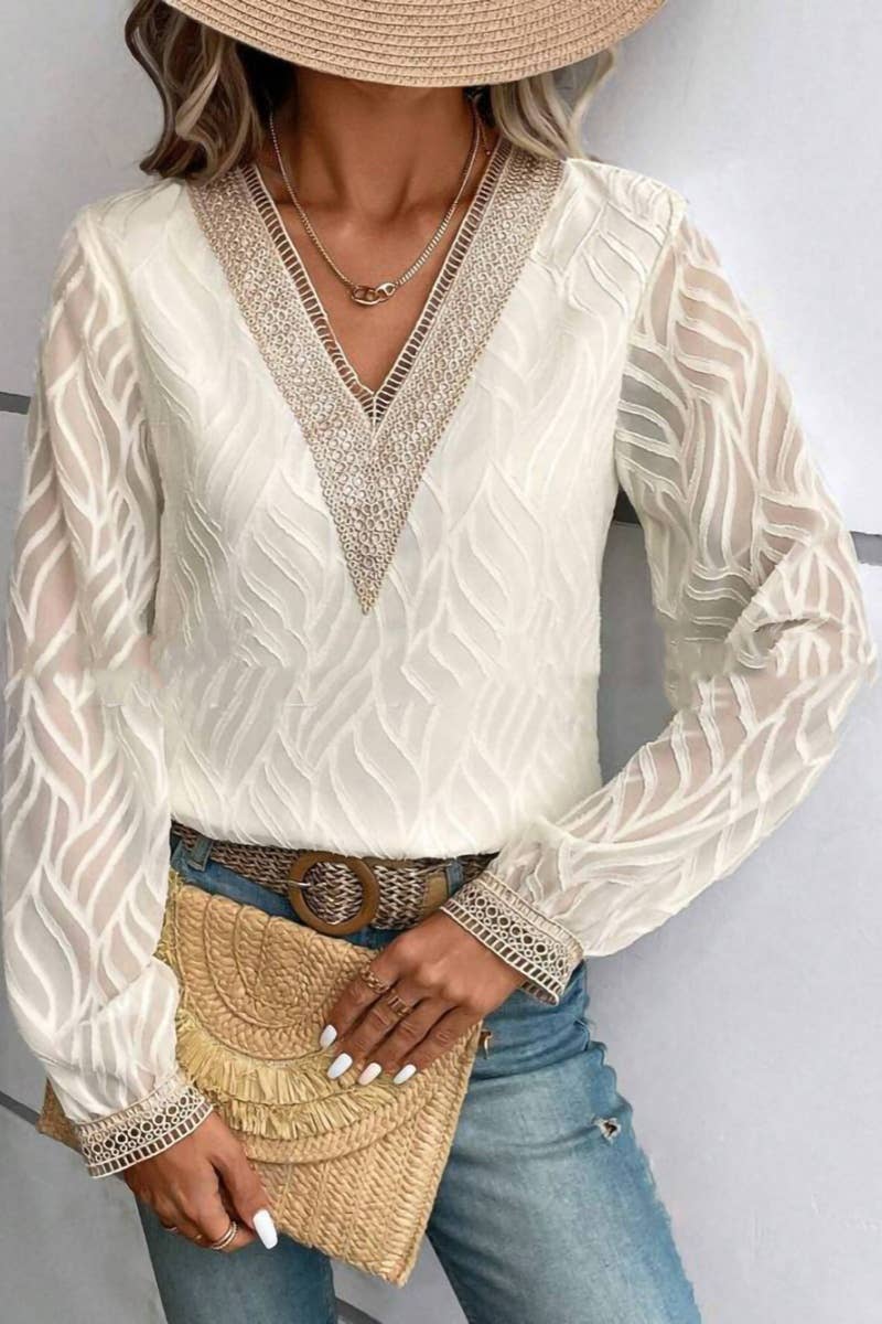 CWTBLL2488_FALL V-NECK LACE LONG-SLEEVED SHIRT TOP