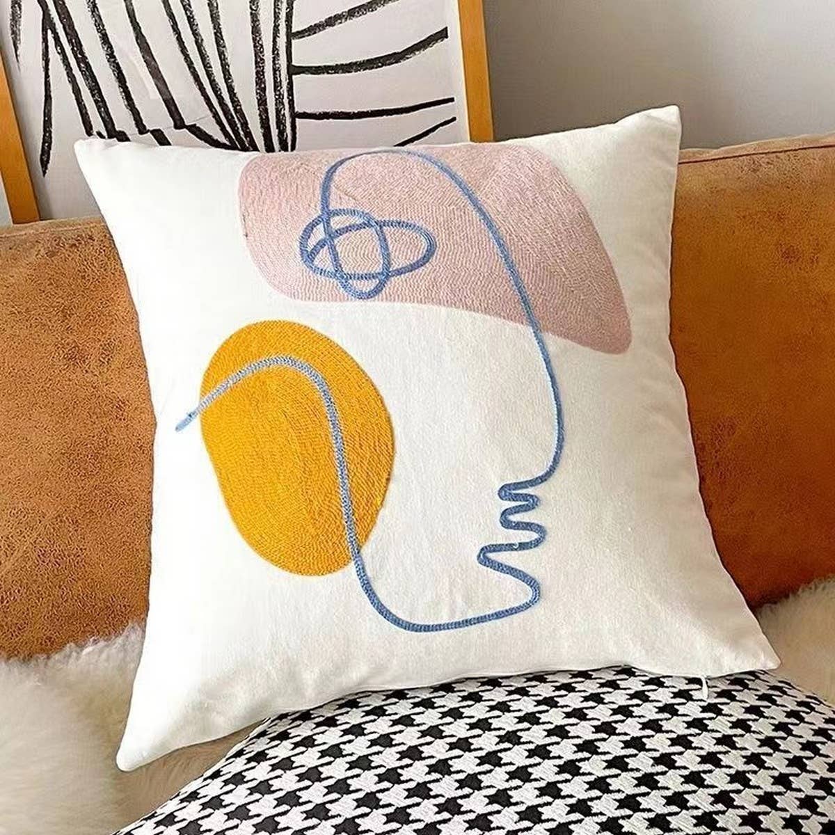 Houndstooth Embroidered Abstract Pillow Cover Decor