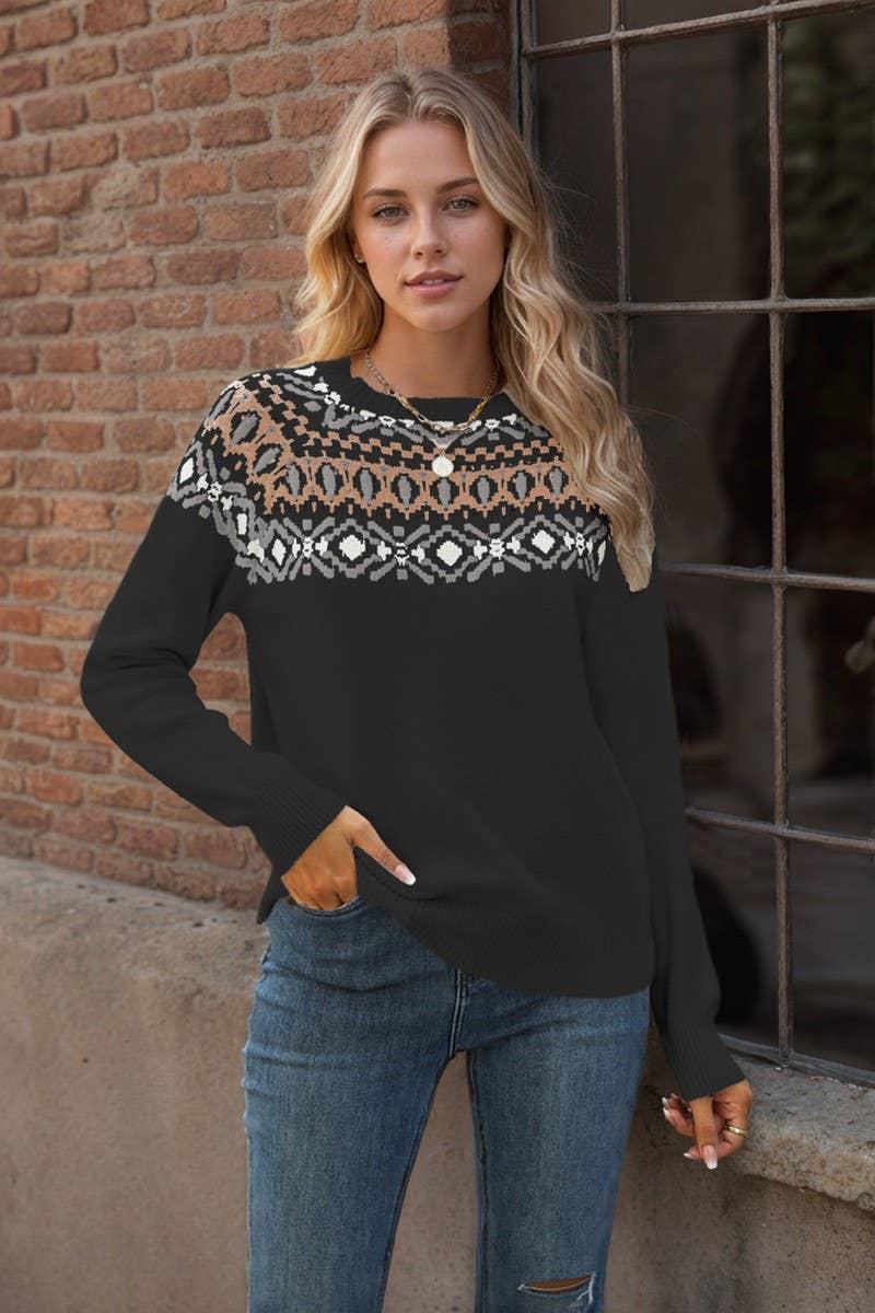 CWOSWL7020_JACQUARD VINTAGE CREW NECK PULLOVER SWEATER