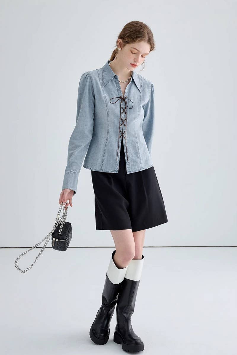 CWTSTL2871_WAIST SLIMMING SPLIT HEM DENIM SHIRT