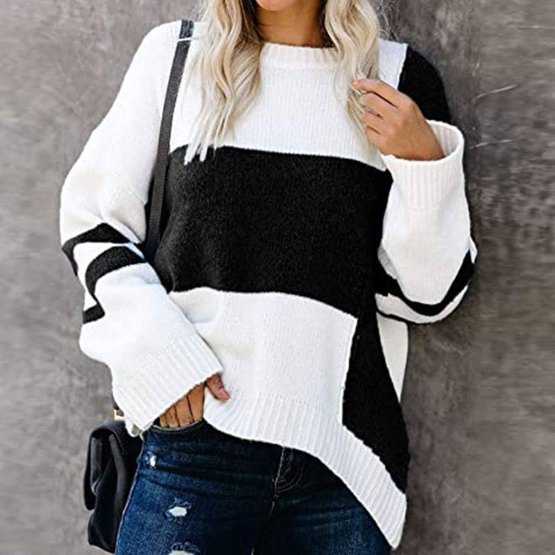 COLOR PATCHWORK CREW NECK PULLOVER SWEATER