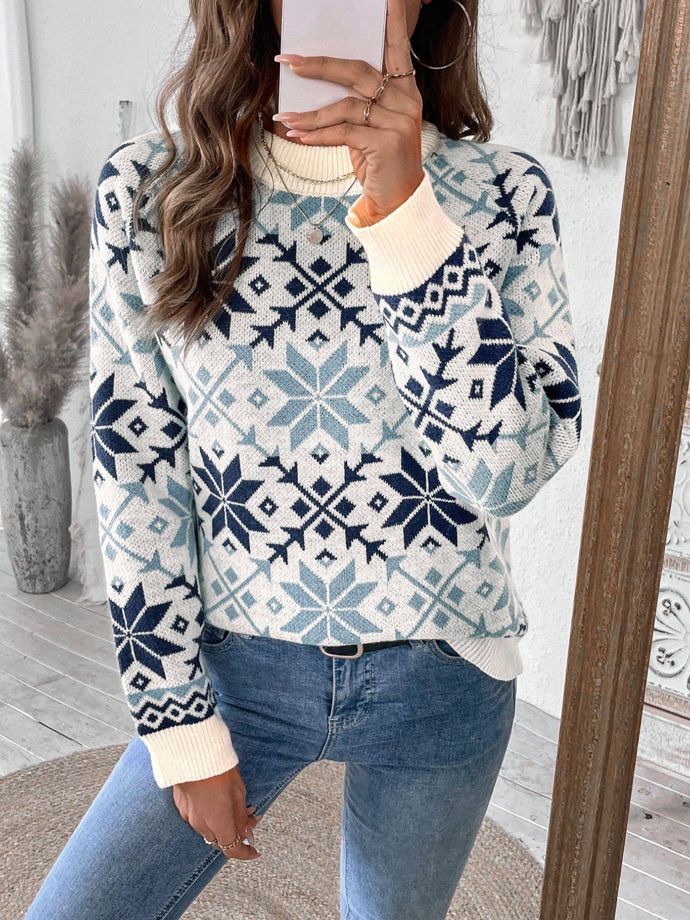 CASUAL WOMEN CREW-NECK PULLOVER JACQUARD SWEATER